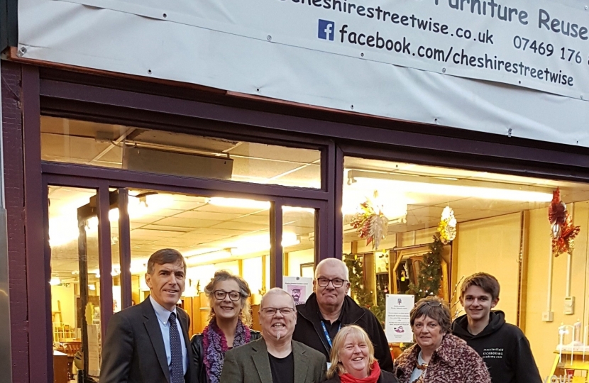 David Rutley MP, with, from l-r, Maggie Falconer Drew-Taylor, Iain Drew-Taylor, volunteers Karen Flood and Nigel Pearson, Mayor of Macclesfield Cllr Beverley Dooley and her assistant, Sebastian.