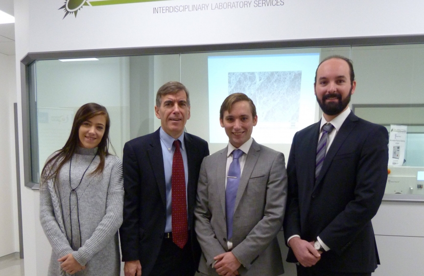 David Rutley MP with l-r, Jade Markwell, Daniel Royston, Damien Jeanmaire from EM Analytical