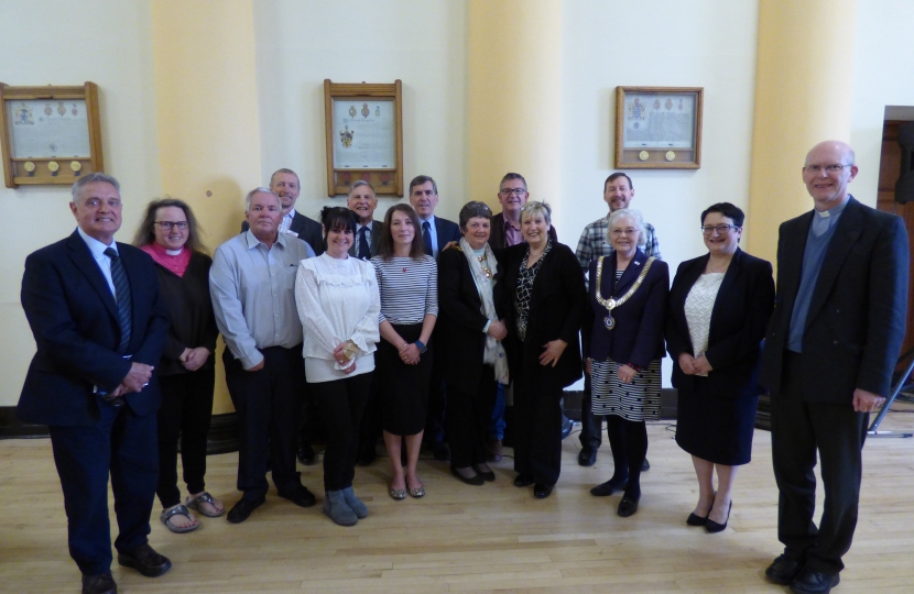 DR with l-r, David Nieman, Reverend Helen Byrne, Gary Smith, John Stephens, Louise Williamson, Pip Mosscrop, Katy Wardle, Councillor Beverley Dooley, Phil Coltman, Rhona Marshall, John Holt, Councillor Lesley Smetham, Reverend Dr Marion Tugwood, and Reverend Dr John Harries.
