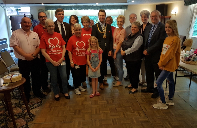 DR with other guests at the Coffee Morning, including the Mayor of Macclesfield (Cllr Adam Schofield), centre, and Leah Goodhind from the British Heart Foundation to the Mayor’s right.