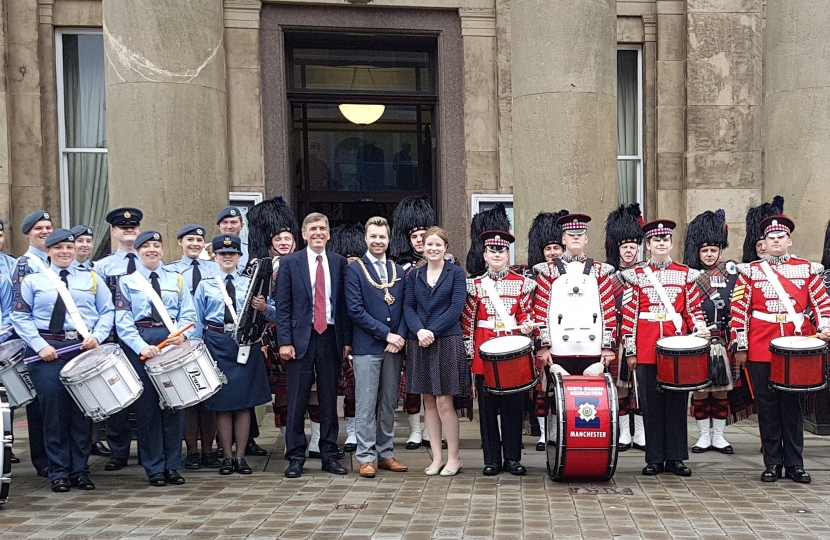 DR with Cllr Adam Schofield, his consort, Heather, and members of the Manchester branch of the Pipes and Drums of the Scots Guards Association and the Greater Manchester Wing Band Royal Airforce Air Cadets.