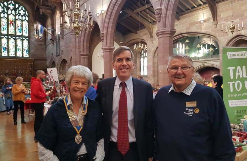 David Rutley MP with Macclesfield Castle Rotary Club’s President, Carole Murphy, and its Communities Chair, Chris Watson
