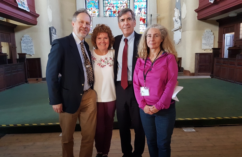 David Rutley MP with, l-r, Colin Shearer (Director of Regions of the Church Conservation Trust), Pip Hancock, (member of the Roe-naissance Trust who organised the World Eco Fashion Event) Diane Smith (Chair of the Roe-naissance Project)