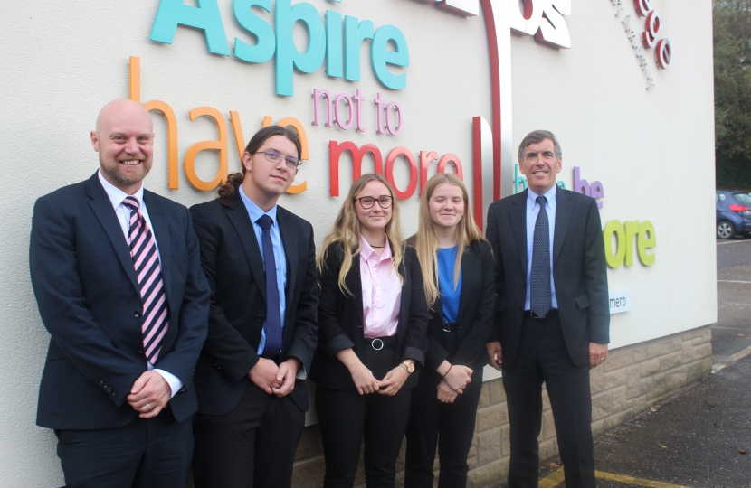 David Rutley MP with David Howells (Head of Sixth Form), and students Alex Insley, Orlagh McKendry and Eleanor Wood