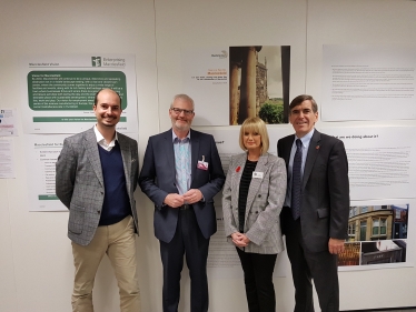 David Rutley MP with, l-r, Erik Bogentoft (Chief Finance Officer of Astra Zeneca Macclesfield), Tim Shercliff (Chair of Enterprising Macclesfield) and Sue Bowden (Chief Executive, Macclesfield Chamber of Commerce).
