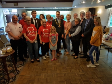 DR with other guests at the Coffee Morning, including the Mayor of Macclesfield (Cllr Adam Schofield), centre, and Leah Goodhind from the British Heart Foundation to the Mayor’s right.