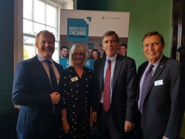 David Rutley MP with, l-r, Ian Pinches (Pinches Medical), Sue Bowden (Chief Executive, North Cheshire Chamber of Commerce and Enterprise), and Nigel Schofield (Board Member, North Cheshire Chamber of Commerce and Enterprise)