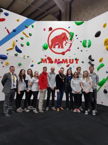 David Rutley MP with staff at Substation Bouldering, as well as the Mayor of Macclesfield, Cllr Adam Schofield, and his consort, Mrs Heather Schofield